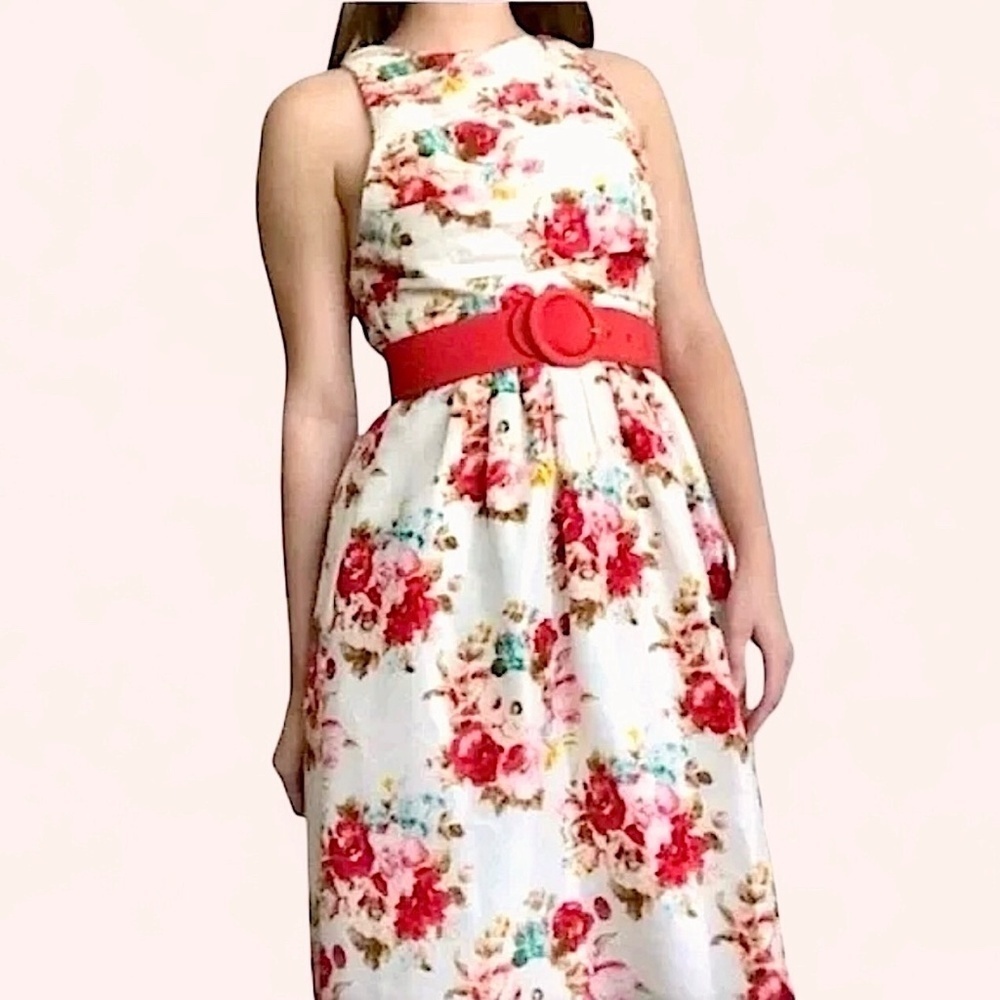 ALICE + OLIVIA Amberly Sleeveless Floral Keyhole Back Belted Fit & Flare Dress - Picture 3 of 13